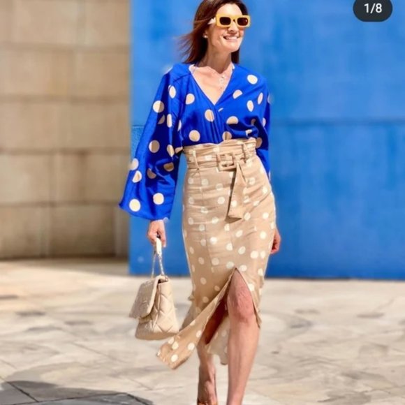 Zara Polka Dot belted linen blend midi skirt Beige XS NWT - Picture 2 of 9